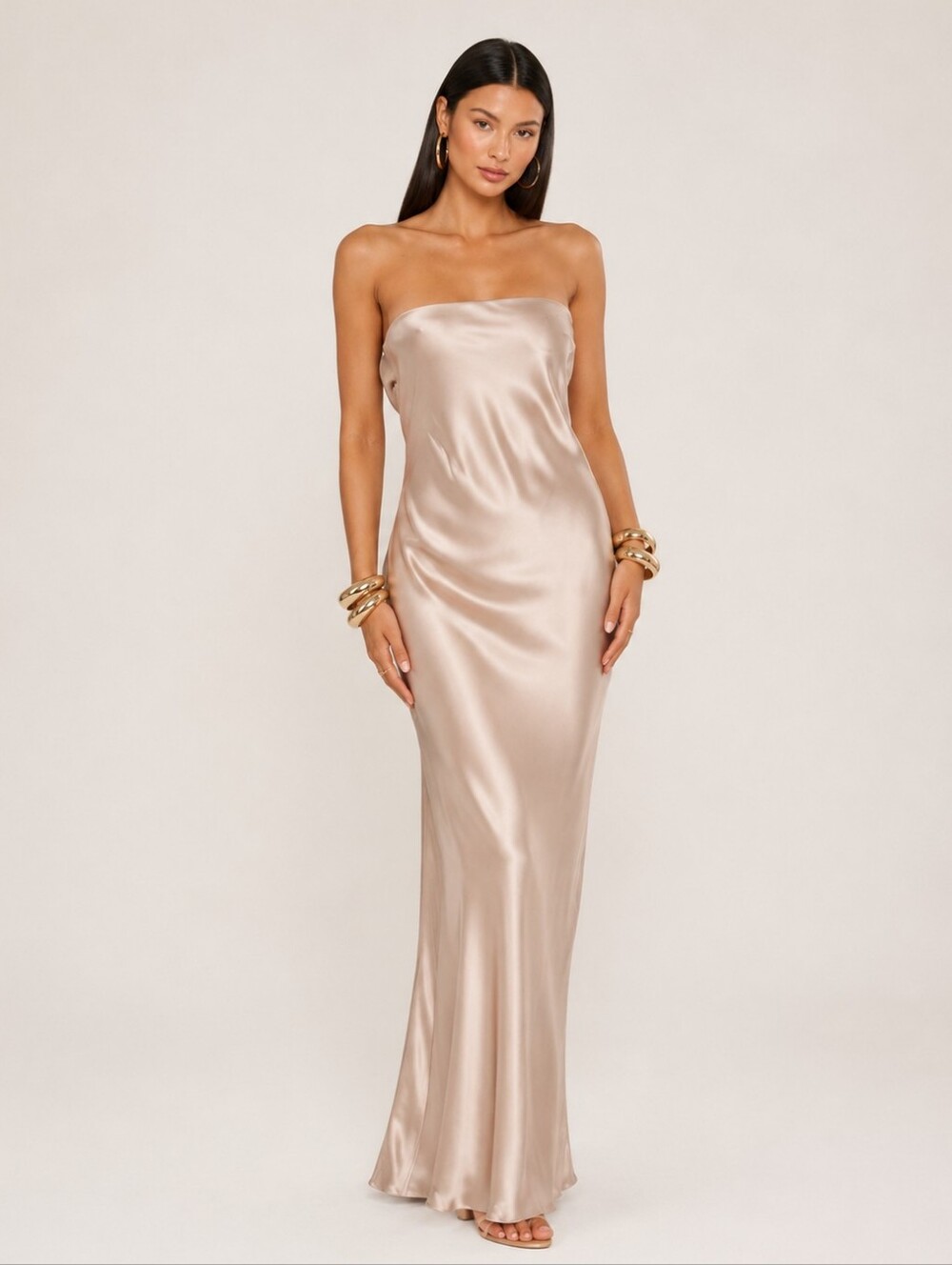 Babyboo Satin Tan Strapless Maxi Dress Size XS